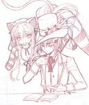  1girl animal_ears c.c. cat_ears cheshire_cat cheshire_cat_(cosplay) code_geass code_geass:_nunnally_in_wonderland cosplay creayus hat lelouch_lamperouge lineart mad_hatter mad_hatter_(cosplay) monochrome striped striped_legwear thighhighs 