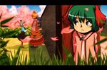  :&lt; animal_ears animal_print arm_up arms_behind_back bad_id bad_pixiv_id blouse blurry blush bush cherry_blossoms depth_of_field dress frown grass green_eyes green_hair grey_hair hiding kasodani_kyouko kneehighs letterboxed long_sleeves looking_at_another looking_away mouse_ears mouse_tail multicolored_hair multiple_girls nawo_(peace) nazrin open_hand outdoors pink_dress shirt shoes short_hair short_sleeves skirt tail tiger_print toramaru_shou touhou tree vest wall white_legwear 
