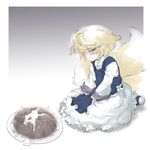  accident animal_ears blonde_hair blush broken cake dress failure food fox_ears fox_tail frilled_dress frills gradient gradient_background grey_background head_down long_sleeves looking_at_viewer multiple_tails no_hat no_headwear ohagi_(food) plate sad seiza shoes sitting sleeves_past_wrists solo tail tears tomotsuka_haruomi touhou white_dress yakumo_ran yellow_eyes 