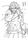  :d beans chain cuffs fangs greyscale grin horn hoshiguma_yuugi long_hair looking_at_viewer monochrome muscle oni open_mouth pointy_ears setsubun shackles shirt short_sleeves simple_background sketch smile solo t-shirt torinone touhou translated upper_body v-shaped_eyebrows white_background 