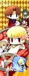  2girls alcohol argyle argyle_background artoria_pendragon_(all) blonde_hair blue_eyes brown_hair character_doll chibi couch facial_hair fate/zero fate_(series) gilgamesh goatee green_hair long_hair mooche multiple_boys multiple_girls red_eyes saber toosaka_aoi toosaka_rin toosaka_tokiomi twintails wine 