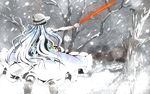  bad_id bad_pixiv_id blue_hair excel_(shena) from_behind hat hinanawi_tenshi holding long_hair shadow_people snowing solo sword sword_of_hisou touhou tree weapon 