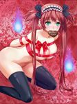  airi_(queen's_blade) arms_behind_back bdsm bondage bound bow breasts chocolate eleventh fire flame green_eyes hair_bow heart kneeling large_breasts long_hair maid_headdress mouth_hold naked_ribbon queen's_blade red_hair ribbon ribbon_bondage solo spirit thighhighs twintails valentine 