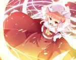 blonde_hair dress fang fire flandre_scarlet hat meracle open_mouth red_eyes solo touhou 