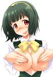  blush breasts covering covering_breasts fuyube_rion green_hair idolmaster idolmaster_(classic) large_breasts mole mole_under_mouth open_mouth otonashi_kotori raised_eyebrows red_eyes short_hair simple_background smile solo 