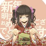  brown_eyes brown_hair glasses grin hair_ornament kazu kikuko_(kazu) new_year original short_twintails smile solo twintails 