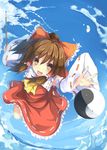  ascot blue_sky bow brown_eyes brown_hair cloud day detached_sleeves dreamlight2000 flying gohei hair_bow hair_tubes hakurei_reimu open_mouth ribbon short_hair skirt sky smile solo touhou water yin_yang 