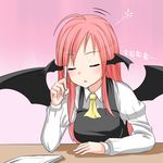  ahoge bat_wings blush closed_eyes drooling head_wings highres koakuma long_hair miki_purasu pen pink_hair sleeping solo touhou upper_body wings 