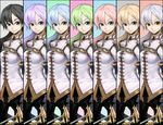  alternate_hair_color armor black_hair blonde_hair blue_eyes blue_hair column_lineup fingerless_gloves gloves green_hair long_hair masn_(moxi) multiple_persona original pink_hair purple_hair rapier silver_hair smile sword variations weapon 