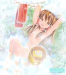  armpits arms_up artist_name barefoot brown_hair bucket hair_censor hair_over_breasts hair_tubes hakurei_reimu long_hair mayo_riyo nude onsen outstretched_arms partially_submerged soap solo steam touhou towel towel_on_head tree_branch water watermark wooden_bucket 