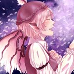  ameya_nihachi animal_ears closed_eyes from_side hand_on_own_chest hat mystia_lorelei petals pink_hair solo touhou wind wings 