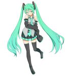  bare_shoulders boots detached_sleeves green_eyes green_hair hatsune_miku jaco long_hair necktie simple_background skirt sleeves_past_wrists solo thigh_boots thighhighs twintails very_long_hair vocaloid white_background 