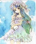  absurdres alternate_costume ama-tou arm_up bare_shoulders blue_eyes blue_hair book crescent dress gradient_hair green_hair hair_ribbon hat highres long_hair looking_at_viewer multicolored_hair patchouli_knowledge purple_dress ribbon solo touhou traditional_media watercolor_(medium) 