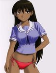  azumanga_daiou black_hair breasts brown_eyes cameltoe collarbone dark_skin hand_on_hip highres large_breasts long_hair navel no_pants panties red_panties sakaki school_uniform side-tie_panties smile solo st._rio third-party_edit underwear very_long_hair 