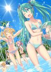  4girls ball beach bikini blindfold blonde_hair blue_hair blue_scarf brown_hair closed_eyes dutch_angle food front-tie_top fruit green_eyes green_hair hair_ornament hair_ribbon hairclip hatsune_miku headphones highres hiraga_matsuri kagamine_len kagamine_rin kaito long_hair megurine_luka meiko multiple_boys multiple_girls navel one_eye_closed open_mouth palm_tree pink_hair polka_dot polka_dot_bikini polka_dot_swimsuit ponytail ribbon scarf shiny shiny_skin striped striped_bikini striped_swimsuit swimsuit tree twintails very_long_hair vocaloid wading water watermelon 