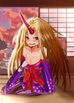  bad_id bad_pixiv_id bare_shoulders blonde_hair blush breasts chain cleavage cleavage_reach cuffs highres horn hoshiguma_yuugi japanese_clothes kimono large_breasts long_hair red_eyes shackles sitting solo tatami touhou waikei_(yk) yokozuwari 