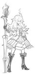  bare_shoulders boots dress fiery_hair gloves greyscale huge_weapon lance long_hair masn_(moxi) monochrome original planted_weapon polearm sketch solo weapon 