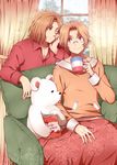  ahoge axis_powers_hetalia bad_id bad_pixiv_id blonde_hair blue_eyes canada_(hetalia) couch cup flag_print france_(hetalia) french_flag glasses kumajirou_(hetalia) leaf male_focus maple_leaf mug multiple_boys one_eye_closed print_cup purple_eyes sitting smile sweater wai 