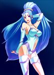  :d amazon_pandora arm_behind_back arm_up armpits bangs bare_shoulders big_hair blue_background blue_hair breasts cleavage detached_sleeves garter_straps gradient gradient_background hand_behind_head kid_icarus kid_icarus_uprising large_breasts leotard lipstick long_hair looking_at_viewer mafen makeup navel navel_cutout open_mouth pandora_(kid_icarus) pink_lipstick ponytail pose purple_eyes sidelocks smile solo spoilers standing thighhighs very_long_hair white_legwear wide_hips 