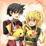  1girl belt black_hair blonde_hair blush chuchu_(pokemon) flower gen_1_pokemon green_eyes hair_flower hair_ornament hand_in_hair long_hair lowres mokorei no_hat no_headwear open_mouth pika_(pokemon) pikachu pokemon pokemon_(creature) pokemon_special ponytail red_(pokemon) red_eyes short_hair smile yellow_(pokemon) 