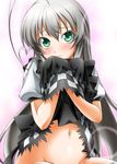  :3 ahoge blush checkered checkered_skirt green_eyes haiyore!_nyaruko-san heart highres huge_ahoge long_hair navel no_panties nyarlathotep_(nyaruko-san) out-of-frame_censoring prehensile_hair silver_hair simple_background skirt skirt_lift smile solo sumeragi_tomo thighhighs very_long_hair white_legwear 