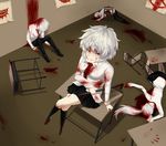  2boys 2girls black_legwear blood blood_on_face blood_splatter blood_stain bloody_clothes bloody_weapon chair classroom crossed_legs death desk eyes foreshortening furniture kneehighs lead_pipe loafers looking_at_viewer multiple_boys multiple_girls murder necktie on_desk raimeiuta red_eyes sabitsuki school_uniform shoes short_hair sitting sitting_on_desk smile smirk teeth uniform weapon white_hair 