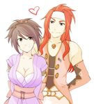  1boy 1girl bare_shoulders bra breasts brown_eyes cleavage detached_sleeves headband heart purple_eyes purple_hair red_hair sheena_fujibayashi smile taes_of_(series) tales_of_(series) tales_of_symphonia underwear zelos_wilder 