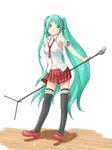  aqua_eyes aqua_hair arm_garter hair_ribbon hatsune_miku jaco long_hair mary_janes microphone microphone_stand nail_polish necktie ribbon shoes skirt solo thighhighs twintails very_long_hair vocaloid wooden_floor 