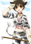  animal_ears animal_print bad_id bad_pixiv_id bell bell_collar breasts brown_eyes brown_hair collar collarbone cow_bell cow_ears cow_horns cow_print cow_tail gloves highres horns idolmaster idolmaster_cinderella_girls large_breasts nakamiya navel oikawa_shizuku open_mouth shirt short_hair sky sleeves_rolled_up solo tail tied_shirt white_gloves 