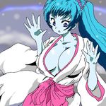  1girl aoi_(gegege_no_kitarou) barapi blue_eyes blue_hair blue_skin breasts cleavage gegege_no_kitarou japanese_clothes large_breasts lowres monster_girl ponytail touei yuki_onna 