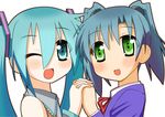  :d ;d aqua_eyes aqua_hair blue_hair blush detached_sleeves green_eyes hatsune_miku headphones holding_hands interlocked_fingers minami_(colorful_palette) multiple_girls one_eye_closed open_mouth original smile symmetrical_hand_pose twintails upper_body vocaloid 