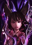  2012 animal_ears artist_request black_hair brown_hair elin_(tera) highres lips long_hair looking_at_viewer plant red_eyes signature solo tera_online upper_body 
