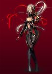  armor blade_&amp;_soul bodysuit breast_hold breasts center_opening cleavage crossed_legs highres hips kim_hyung_tae long_hair medium_breasts pauldrons petals ponytail ribbon silver_hair sketch solo standing sword unfinished watson_cross weapon wide_hips yellow_eyes 