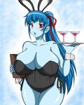  1girl alcohol aoi_(gegege_no_kitarou) astraea13 blue_hair blue_skin blush breasts cleavage fat gegege_no_kitarou highres huge_breasts japanese_clothes monster_girl plump ponytail red_eyes touei wine yuki_onna 