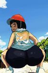  1girl ass bangs bike_shorts black_hair blunt_bangs blush cap cloud from_behind hat huge_ass looking_at_viewer looking_back mugen_no_ossan outdoors paychflat pov_ass sky smile solo squatting sweat tree wet 