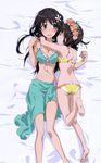  absurdres aqua_sarong ass back barefoot bikini black_hair blue_eyes blush breasts brown_eyes butt_crack cleavage flower front-tie_top groin hair_flower hair_ornament highres hug long_hair medium_breasts multiple_girls non-web_source official_art one_eye_closed open_mouth sarong saten_ruiko short_hair small_breasts swimsuit to_aru_kagaku_no_railgun to_aru_majutsu_no_index uiharu_kazari 