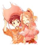  1girl bad_id bad_pixiv_id brown_hair cowboy_hat digimon digimon_adventure fringe_trim gloves hat izumi_koushirou long_hair open_mouth orange_shirt ponytail red_eyes red_hair shirt smile tachikawa_mimi wakaya_hana western 