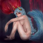  barefoot blue_hair breasts chiku_(gesu) claws ex-keine fingernails flower food fruit highres horns kamishirasawa_keine long_fingernails long_hair medium_breasts nude plant pomegranate red_eyes sharp_fingernails sharp_toenails sitting solo tail toenails touhou 