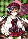  :3 alternate_costume bad_id bad_pixiv_id beret bow brown_hair frilled_sleeves frills green_eyes hair_between_eyes hat hat_bow lace long_hair marker_(medium) nm_xyukky one_eye_closed rozen_maiden solo star suiseiseki traditional_media twintails very_long_hair 