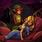  1girl blonde_hair brown_hair joakim_sandberg link pointy_ears princess_zelda sleeping sword the_legend_of_zelda the_legend_of_zelda:_a_link_to_the_past triforce weapon 