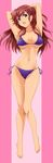  absurdres ano_natsu_de_matteru armpits arms_up barefoot bikini breasts d: dakimakura frilled_bikini frills full_body glasses highres legs long_image medium_breasts nanashi_noiji navel open_mouth purple_bikini purple_eyes red_hair shiny shiny_skin side-tie_bikini skindentation solo strap_gap striped striped_background swimsuit takatsuki_ichika tall_image thigh_gap 