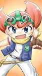  b-daman b-densetsu!_battle_b-daman belt blue_eyes daiwa_yamato fingerless_gloves gloves goggles male_focus pointing red_hair solo youyan 