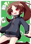  :3 ass_visible_through_thighs bare_legs blush bottomless brown_hair jacket long_hair long_sleeves mahjong naked_track_jacket no_panties no_pants ponytail red_eyes reku saki saki_achiga-hen solo takakamo_shizuno track_jacket 