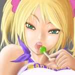  blonde_hair candy cheerleader eyeshadow face food green_eyes half-closed_eyes juliet_starling koujima_(shimashima) licking lips lollipop lollipop_chainsaw looking_at_viewer lowres makeup short_twintails solo tongue twintails 