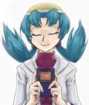  1girl blue_hair c-sui closed_eyes crystal_(pokemon) eyes_closed game_boy game_boy_color handheld_game_console pokemon pokemon_(game) pokemon_gsc simple_background solo twintails 