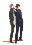  adachi_tooru age_difference artist_request baggy_clothes black_eyes black_hair formal grey_hair gun hand_in_pocket hands_in_pockets jacket looking_away male_focus multiple_boys narukami_yuu necktie pants persona persona_4 school_uniform shoes smile standing suit weapon 