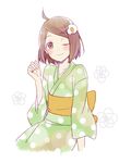  :3 ahoge araragi_tsukihi bad_id bad_pixiv_id blush bob_cut brown_eyes brown_hair japanese_clothes kimono light_smile monogatari_(series) nisemonogatari one_eye_closed polka_dot polka_dot_kimono short_hair solo teti 