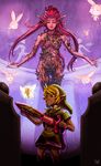  1girl blonde_hair breasts closed_eyes fairy great_fairy holding holding_sword holding_weapon joakim_sandberg left-handed link long_hair medium_breasts over_shoulder pink_hair pink_skin plant pointy_ears scabbard sheath shield size_difference sword the_legend_of_zelda the_legend_of_zelda:_majora's_mask tunic vines weapon weapon_over_shoulder 