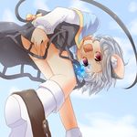  animal_ears blue_sky capelet cloud covering covering_crotch day dress gem grey_dress jewelry kozakura_(dictionary) mouse_ears mouse_tail nazrin necklace no_panties open_mouth pendant red_eyes shirt short_hair silver_hair sky solo tail touhou 