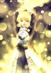  ahoge aoi_usagi armor armored_dress artoria_pendragon_(all) bad_id bad_pixiv_id blonde_hair dress excalibur fate/zero fate_(series) gauntlets glowing glowing_weapon green_eyes hair_ribbon ribbon saber solo sword weapon 